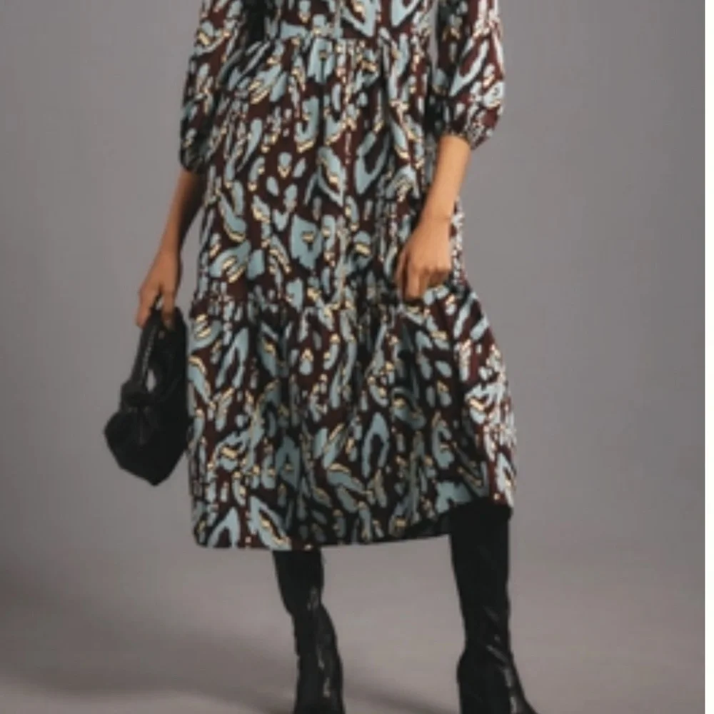 Maeve Brown and Blue Abstract Midi Dress - Picture 1 of 5